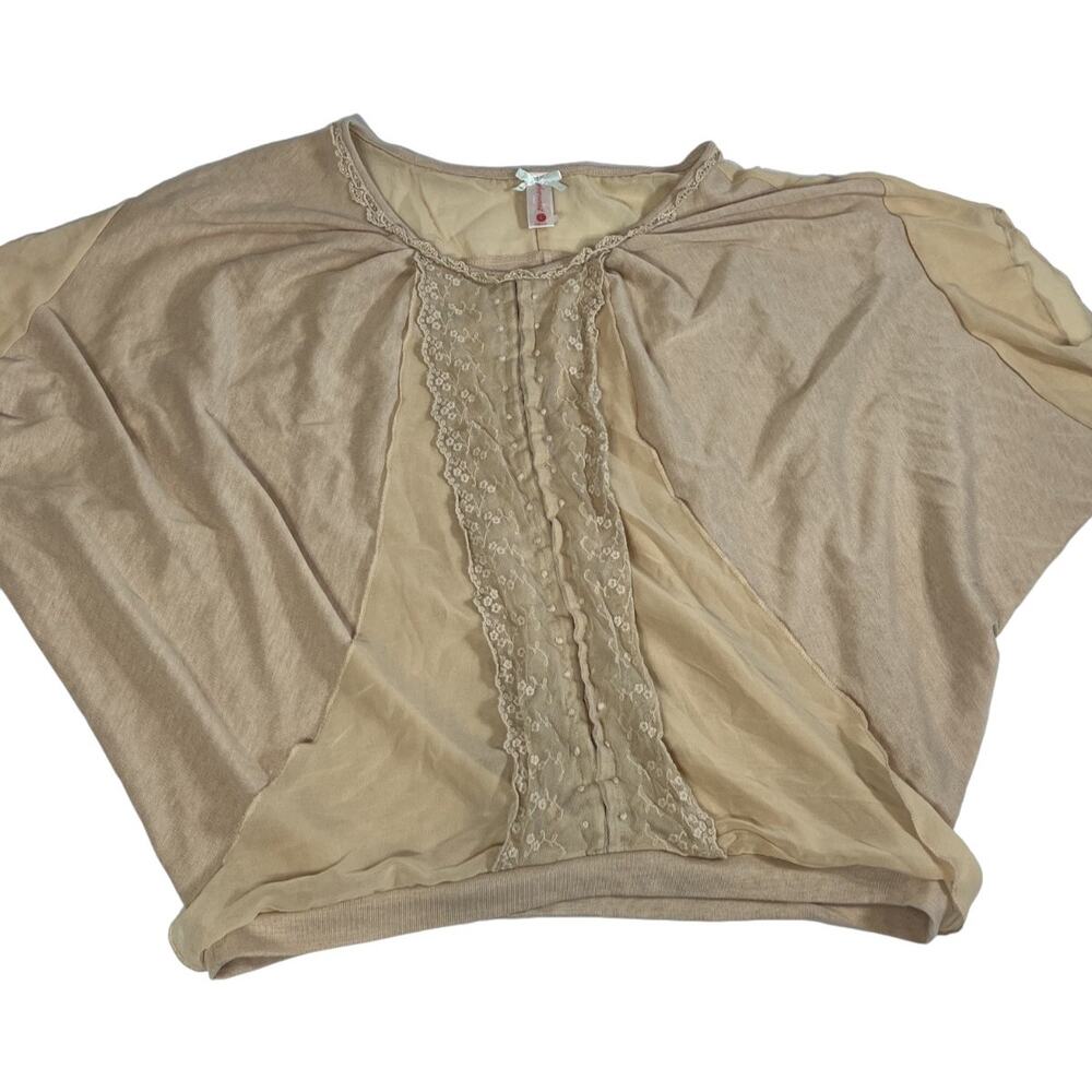 Downeast Womens Blouse Large Beige Lace Chiffon Dolman Sleeve